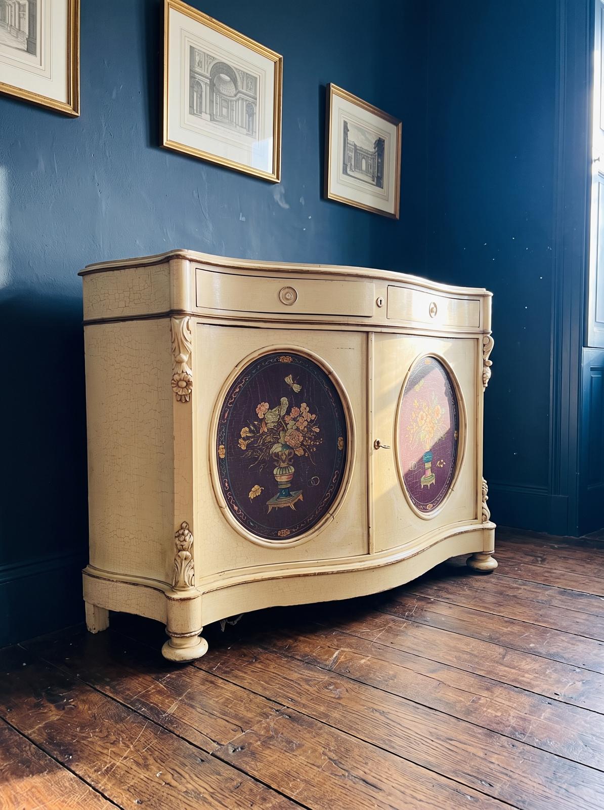Antique Italian Hand Painted Cabinet, Sideboard. Oak, C1890.