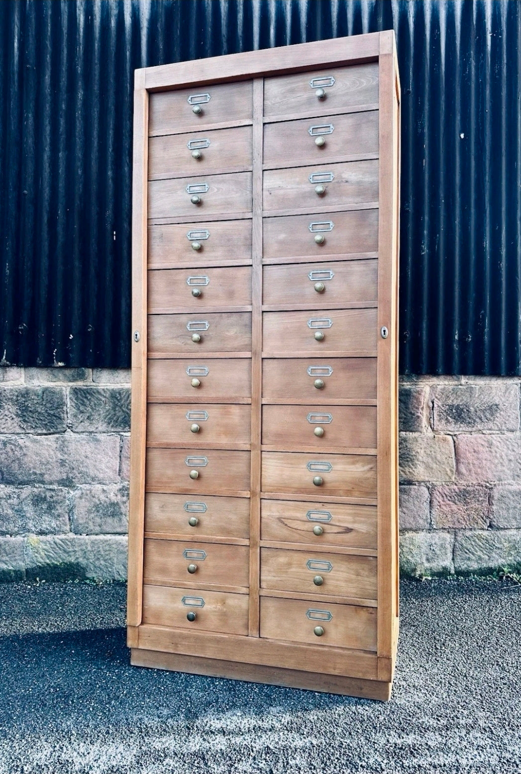 1930s Bank Of 24 Drawers. Haberdashery, Apothecary, Larch Wood, Filing Cabinet.