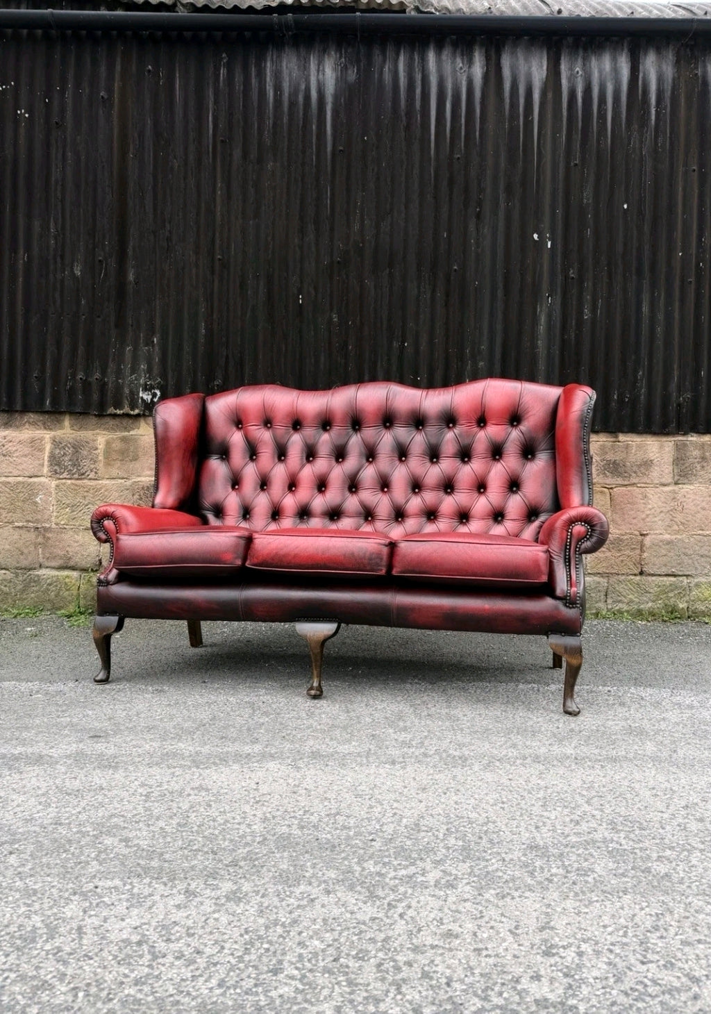 Vintage Oxblood Leather Chesterfield 3 seater Wingback Sofa.