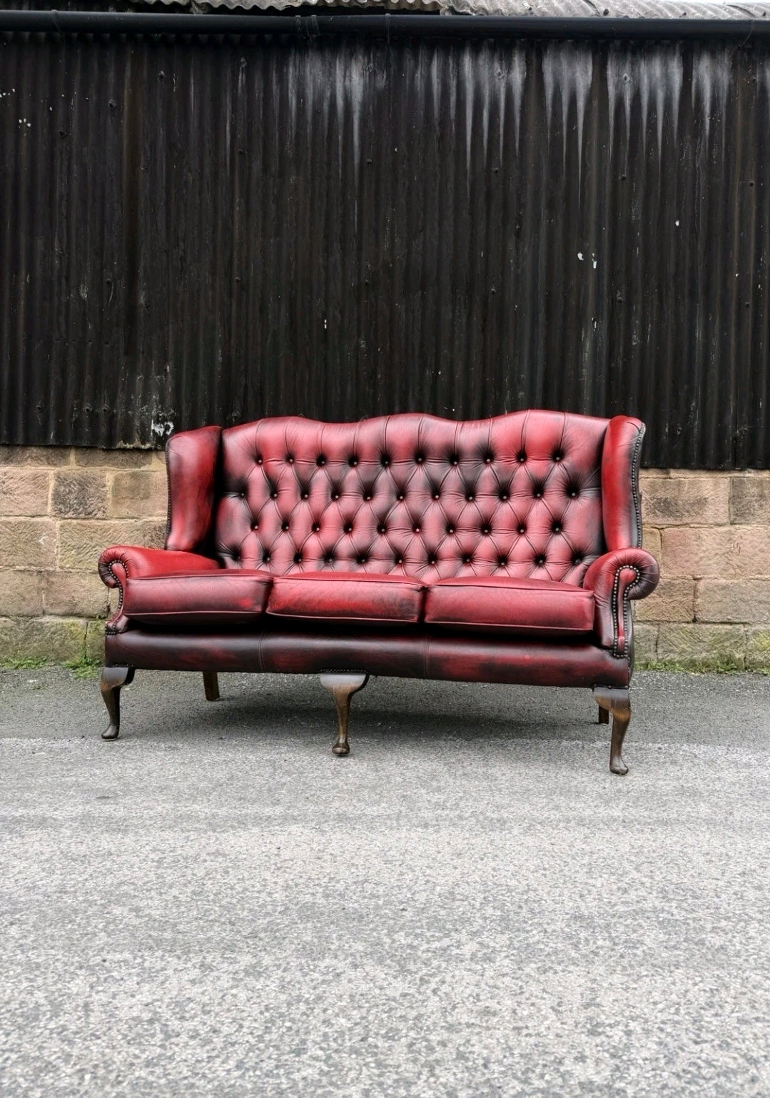 Vintage Oxblood Leather Chesterfield 3 seater Wingback Sofa.